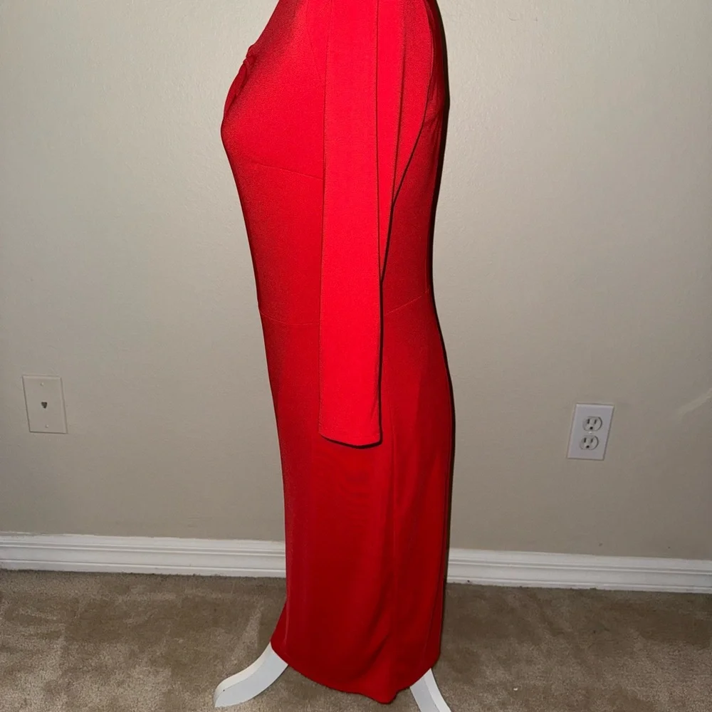 Liz Claiborne Red Long Sleeve Plunge Neck Cocktail Dress - Picture 4 of 7
